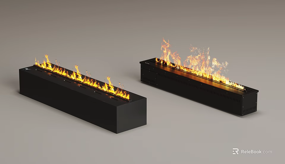 Modern Black Fireplaces With Realistic Flames 3d model 