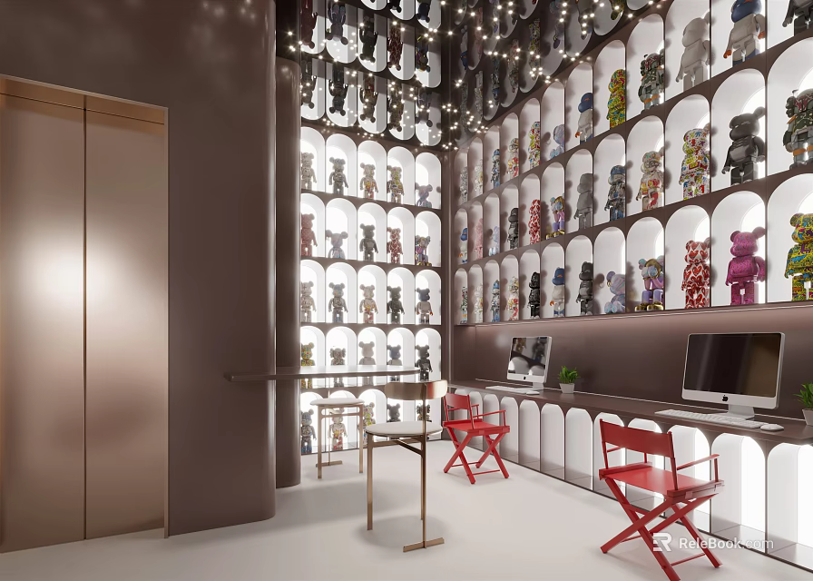 Modern Collectibles Display Interior With Wall Shelves Dolls Red Chairs And Table 3d model 