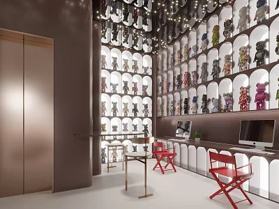 Modern Collectibles Display Interior With Wall Shelves Dolls Red Chairs And Table 3d model