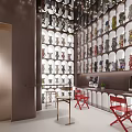 Modern Collectibles Display Interior With Wall Shelves Dolls Red Chairs And Table