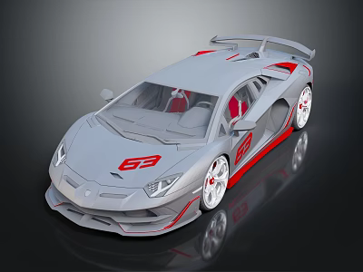 Silver Sports Car With EP Logo Red Accents Rear Spoiler White Wheels And Red Seats 3d model