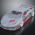 Silver Sports Car With EP Logo Red Accents Rear Spoiler White Wheels And Red Seats