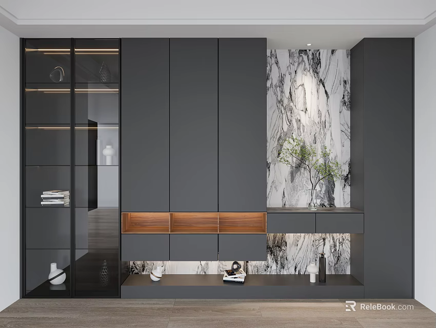 Modern Gray Shoe Cabinet With Glass Doors And Marble Wall Panel Design 3d model 