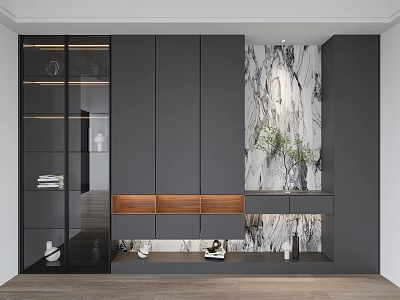 Modern Gray Shoe Cabinet With Glass Doors And Marble Wall Panel Design 3d model