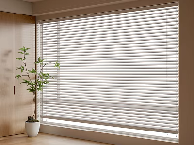 Modern White Window Blinds in Bright Room with Wooden Cabinet and Plant 3d model