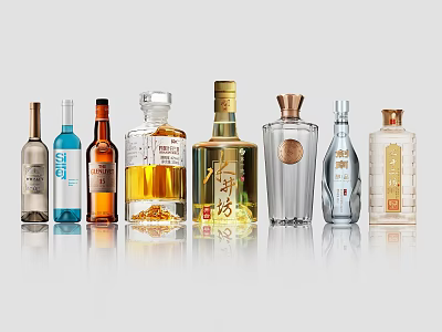 Elegant Display of Wine Bottles and Glasses with Various Types on White Background 3d model