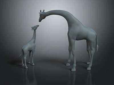 Adult and Baby Giraffes Standing and Interacting on Gray Reflective Surface 3d model