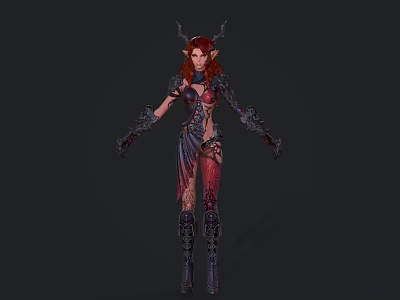 Fantasy Female Game Character With Red Hair Horns Ornate Leather And Metal Armor 3d model