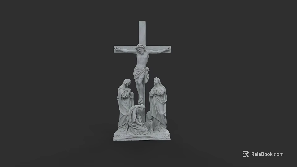 Detailed Man on Crucifix Sculpture with Two Female Figures in Religious Art 3d model 
