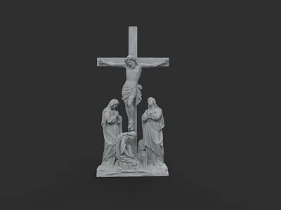 Detailed Man on Crucifix Sculpture with Two Female Figures in Religious Art 3d model
