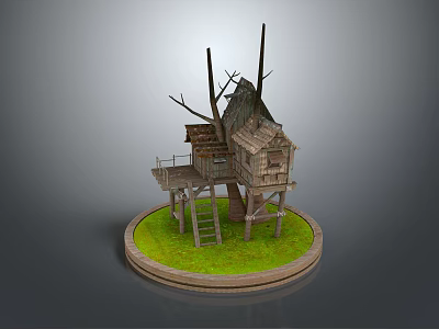 Elevated Wooden Tree House Structure With Ladder Platform Thatched Roof And Grass Base 3d model