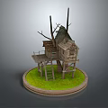 Elevated Wooden Tree House Structure With Ladder Platform Thatched Roof And Grass Base