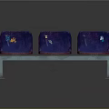 Three Purple Public Chairs With Graffiti And Metal Frames In Public Space