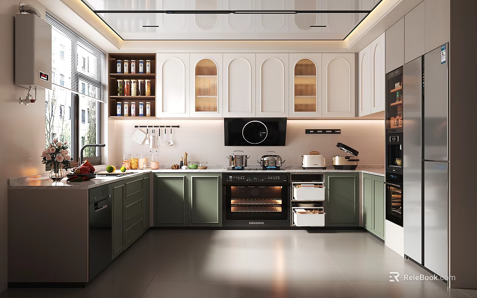 Elegant Modern Kitchen Featuring Green White Cabinets Glass Door Upper Cabinets And Stainless Steel Appliances 3d model 