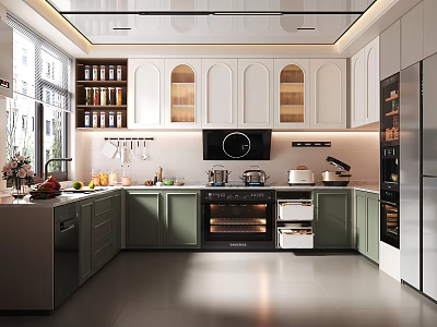 Elegant Modern Kitchen Featuring Green White Cabinets Glass Door Upper Cabinets And Stainless Steel Appliances 3d model