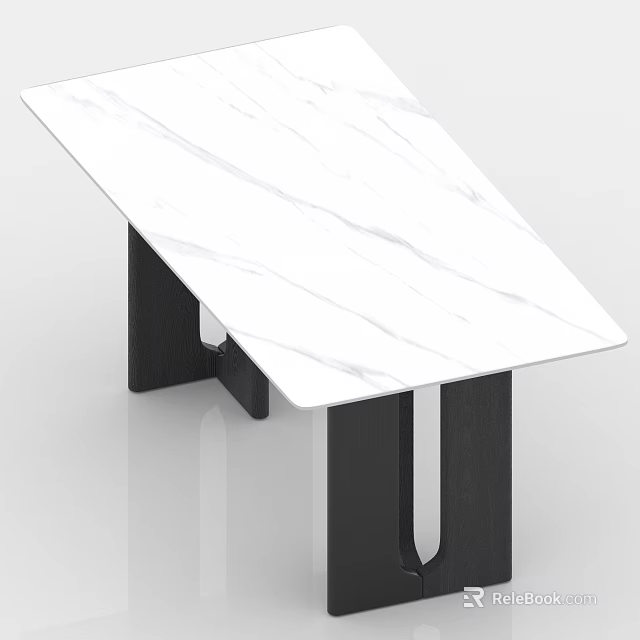 Modern Dining Table Set With White Marble Top And Black Wooden Legs 3d model 