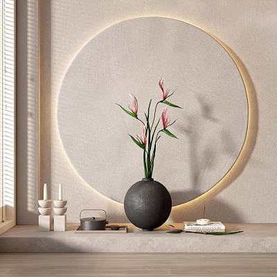 Black Vase Holding Pink Flowers On Windowsill Against Circular Lit Wall Background And Decor Items 3d model
