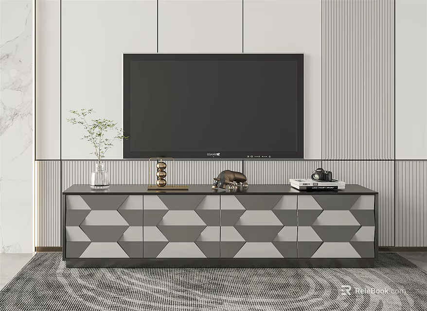 Modern TV Stand With Geometric Pattern Doors Supporting Flat Screen TV And Decorative Items 3d model