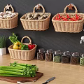 Wicker Baskets For Kitchen Storage With Fresh Vegetables Spice Jars And Herbs On Wooden Counter
