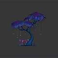 Cartoon Tree Scene With Blue Trunk Purple Leaves Dripping Water Colorful Candles And Stones