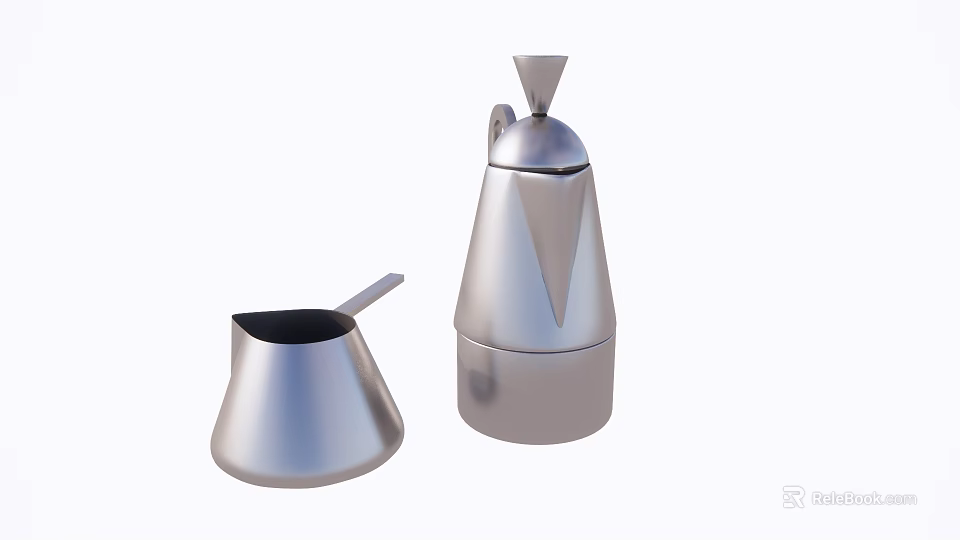 Sleek Stainless Steel Kitchenware Set With Modern Coffee Pot And Milk Pan 3d model 
