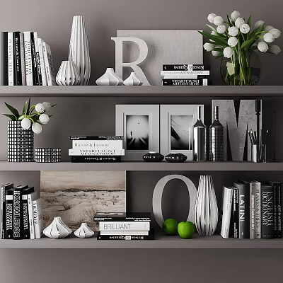 Elegant Decorative Ornament Combination on Shelf with Books Photo Frames Letter Decor and White Tulips 3d model