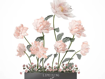 Elegant Floral Display With Pink Flowers Green Leaves And Small Flowers At Bottom 3d model