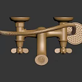 Golden Shower Fixture with Curved Metal Pipe and Control Knobs for Bathroom Use