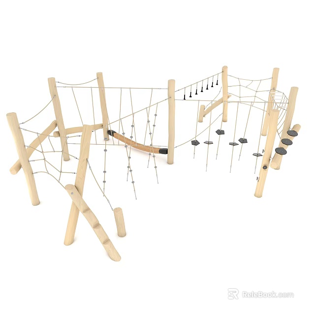 Wooden Kids Outdoor Play Equipment with Climbing Net Ropes and Hanging Rings 3d model 