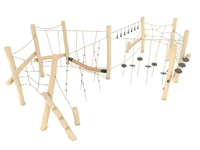 Wooden Kids Outdoor Play Equipment with Climbing Net Ropes and Hanging Rings 3d model