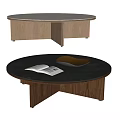 Round Coffee Table With Dark Stone Top Wooden Frame And Open Book Tray Decor
