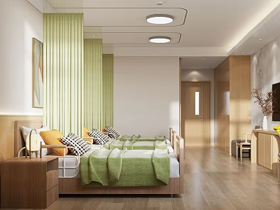 Hospital Outpatient Ward Interior With Beds Green Curtains And Wooden Furniture 3d model