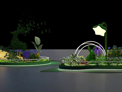 Outdoor Garden Landscape With Green Plants Arched Structure And Lighting 3d model