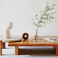 Modern Coffee Table Wooden Frame With Marble Top And Decorative Sculpture Vase And Pine Cones