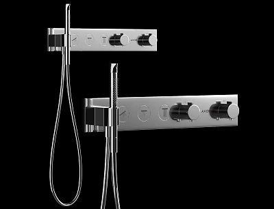 Modern Chrome Shower Faucet Set With Handheld Sprayer And Wall Mounted Control Knobs 3d model