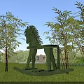 Green Rocking Horse Shaped Tree Pool Surrounded by Trees and Grassland Under Blue Sky