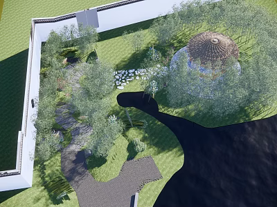 Serene Backyard Garden With Lush Green Lawn Trees Thatched Pavilion And Stone Pathway 3d model
