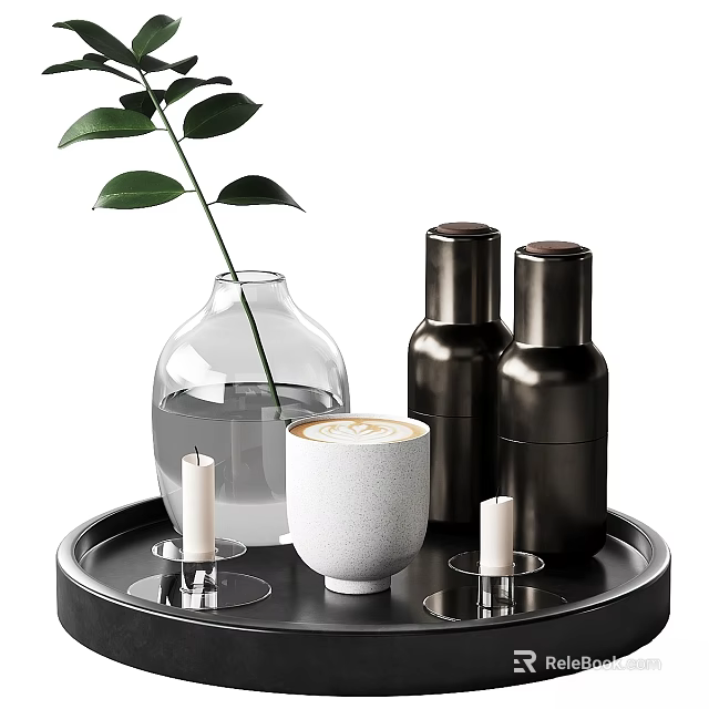 Elegant Modern Kitchen Utensils With Black Tray White Coffee Cup With Foam And Storage Jars 3d model 