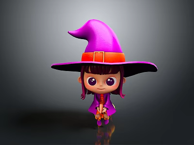 Cute Little Witch Girl Cartoon Character Wearing Purple Hat Red Belt And Purple Outfit 3d model
