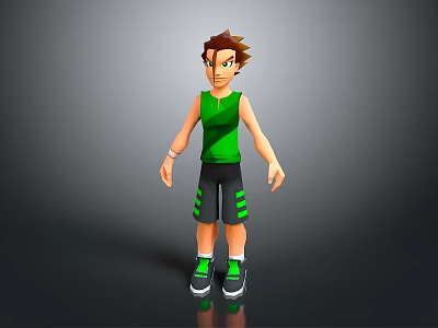 Cartoon 3D Male Character With Brown Hair Wearing Green Tank Top And Black Striped Shorts 3d model