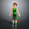 Cartoon 3D Male Character With Brown Hair Wearing Green Tank Top And Black Striped Shorts