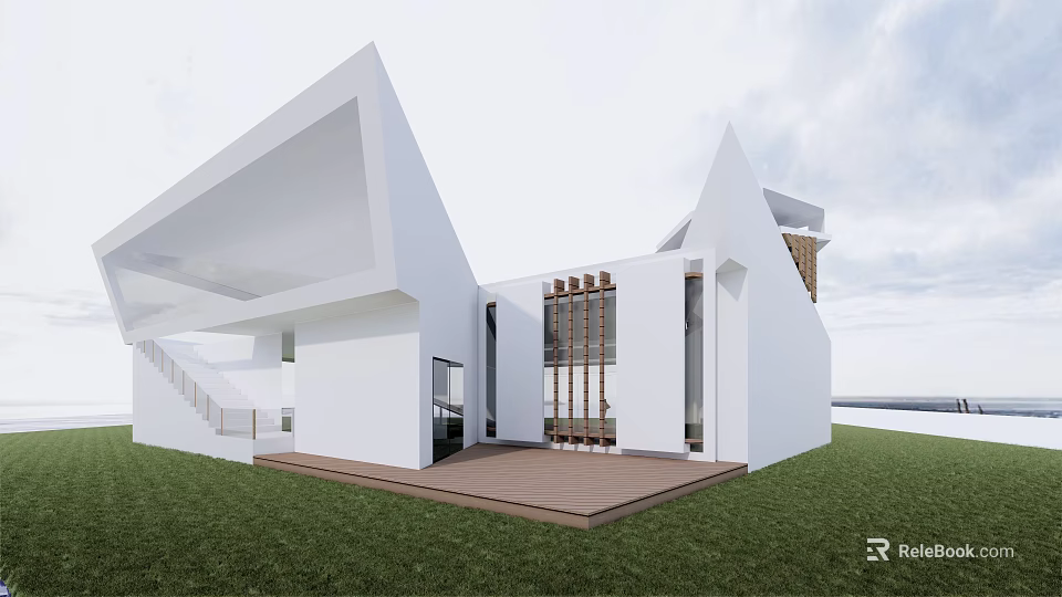Modern White Museum Building With Geometric Roof Glass Windows And Wooden Grille On Lawn 3d model 