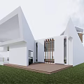 Modern White Museum Building With Geometric Roof Glass Windows And Wooden Grille On Lawn