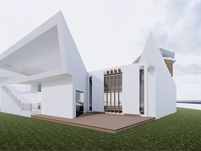 Modern White Museum Building With Geometric Roof Glass Windows And Wooden Grille On Lawn 3d model