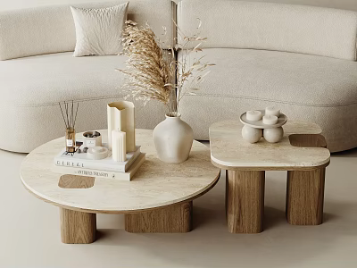 Two Round Coffee Tables With Wooden Legs Light Top Dried Flowers Aromatherapy Candles And Books 3d model