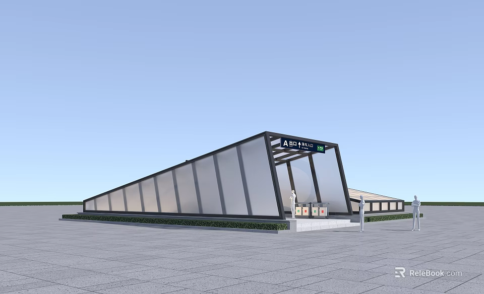 Modern Glass Facade Station With Sloped Roof And Entrance Sign In Plaza Area 3d model 