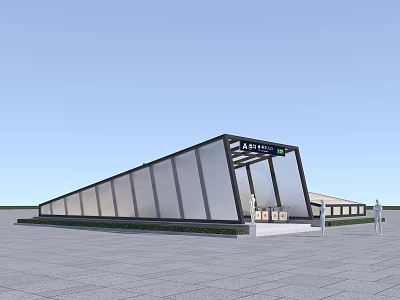 Modern Glass Facade Station With Sloped Roof And Entrance Sign In Plaza Area 3d model