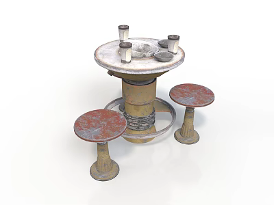 Vintage Furniture Set Round Table With Textured Cylindrical Base And Rustic Red Stools 3d model