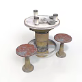 Vintage Furniture Set Round Table With Textured Cylindrical Base And Rustic Red Stools