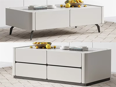 Modern White Coffee Table With Drawers And Fruit Plates Books On Top 3d model